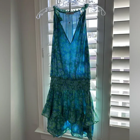 Ramy Brook Rylee Ruffle Mini Dress in Blue-Green (Floral). Only worn once. - Picture 3 of 5